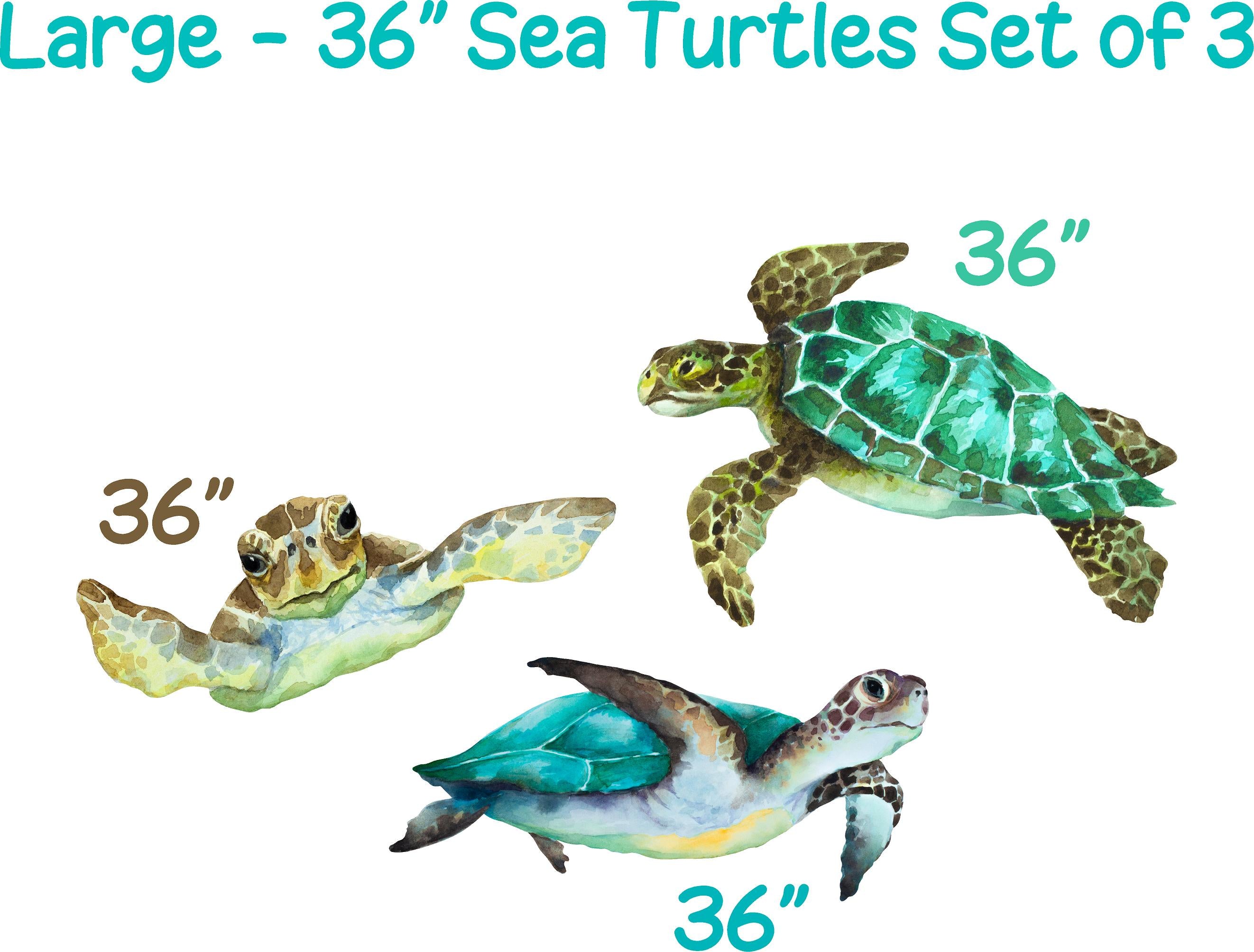 Watercolor Green Sea Turtles Wall Decal Set of 3, Green Blue Sea Turtles Wall Sticker Sea Ocean Fish | DecalBaby